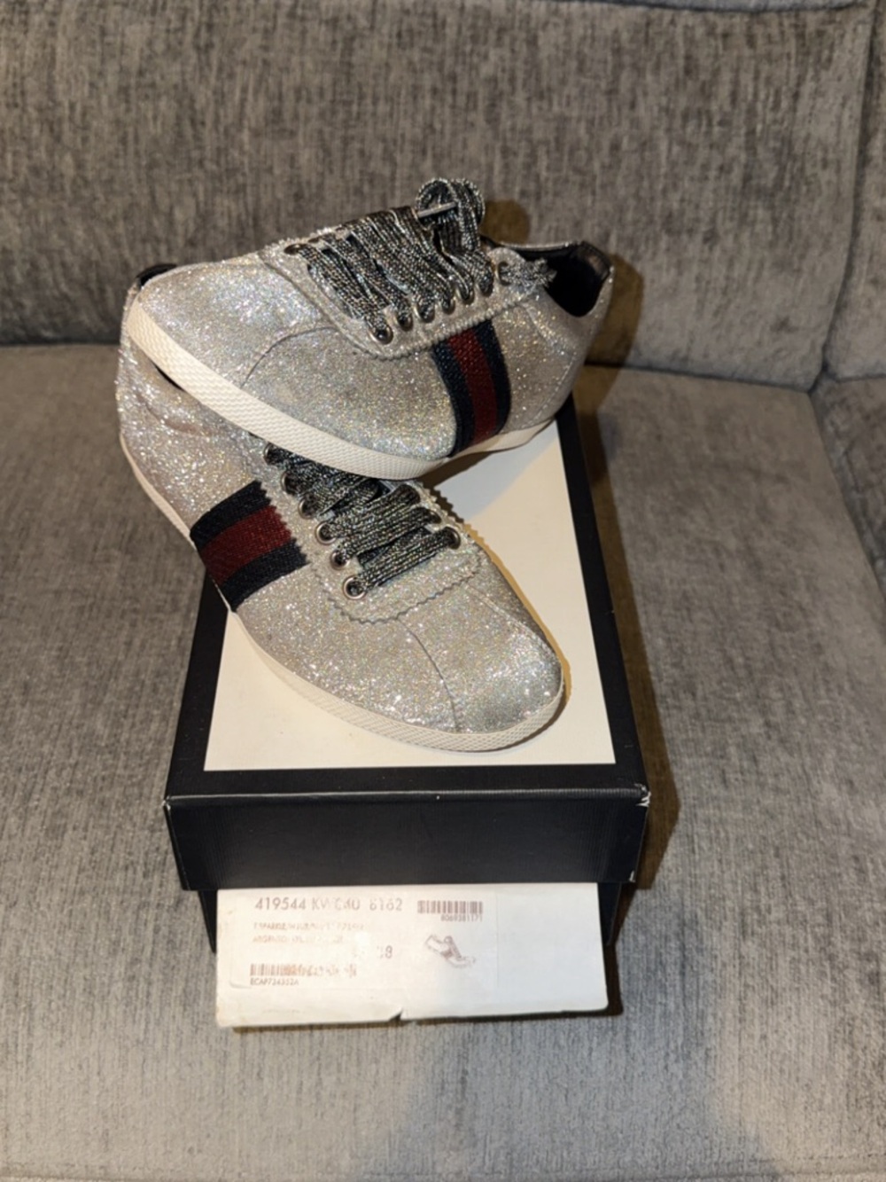 Gucci Silver Glitter Sneakers with Red and Blue Web Stripe - Picture 2 of 6